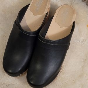 Sanagrens Black Leather Swedish Clogs
